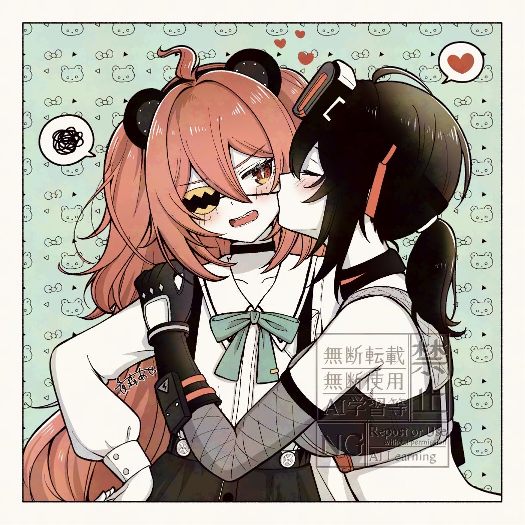 2girls, animal_ear_hairband, animal_ears, animal_print, arm_pouch, bare_shoulders, bear_ear_hairband, bear_ears