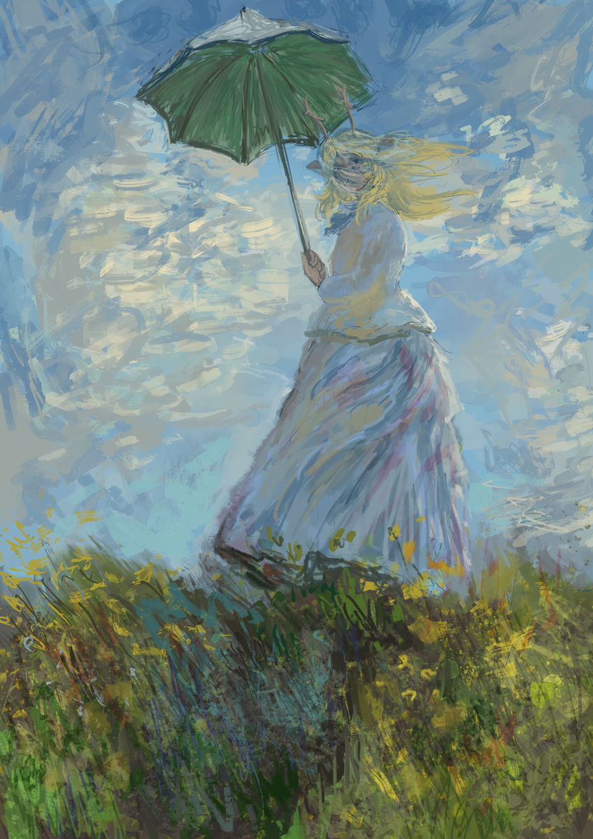 absurdres, antlers, blonde_hair, claude_monet_(style), deer_girl, dress, field, full_body