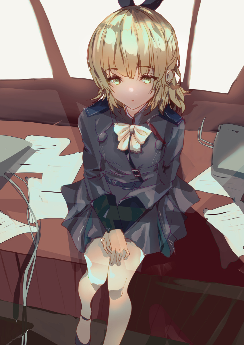 1girl, absurdres, belt, black_bow, black_ribbon, black_skirt, blonde_hair, blue_skirt