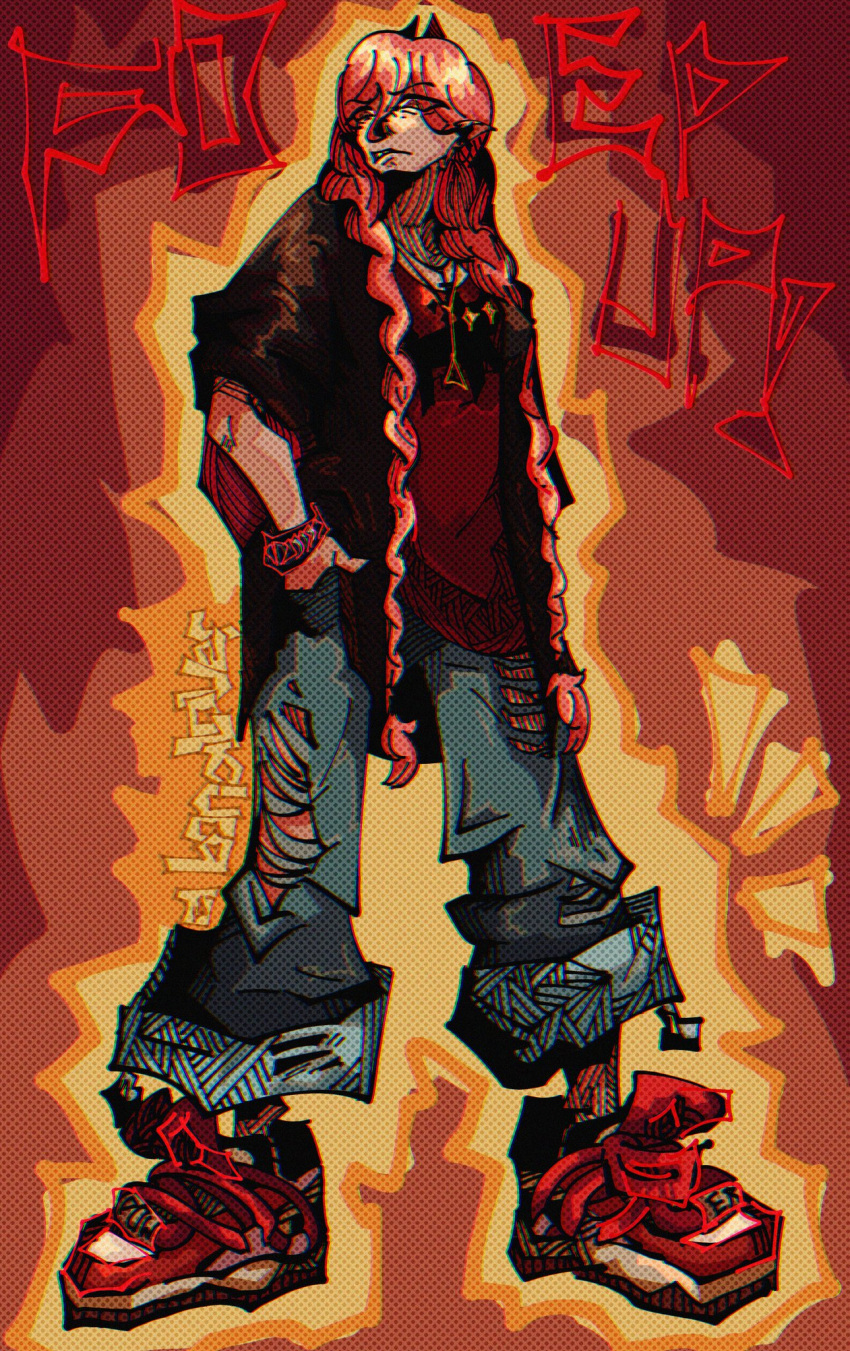 1girl, alternate_costume, alternate_hairstyle, borialover, braid, chainsaw_man, denim, highres, jeans, long_hair, oversized_clothes, oversized_shirt, pants, parted_lips, power_(chainsaw_man), red_shoes, shirt, shoes, small_horns, sneakers, solo, torn_clothes, torn_jeans, torn_pants, twin_braids, very_long_hair