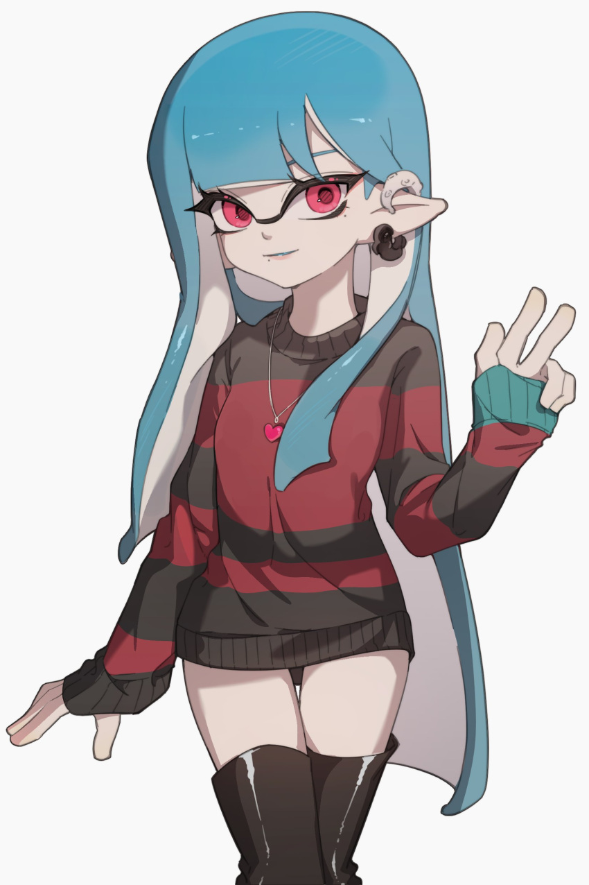 1girl, absurdres, asymmetrical_bangs, black_boots, black_sweater, blue_hair, boots, chu_u0spl, closed_mouth, earrings, heart, heart_necklace, highres, inkling, inkling_girl, inkling_player_character, jewelry, long_hair, looking_at_viewer, necklace, pointy_ears, red_eyes, red_pupils, red_sweater, simple_background, sleeves_past_wrists, smile, solo, splatoon_(series), splatoon_3, standing, sweater, tentacle_hair, thigh_boots, two-tone_sweater, very_long_hair, white_background