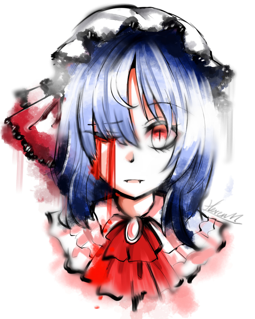 1girl, artist_name, ascot, blood, blood_from_eyes, closed_mouth, fangs, hat