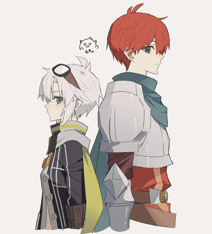 1boy, 1girl, adol_christin, armor, back-to-back, belt, breastplate, commentary