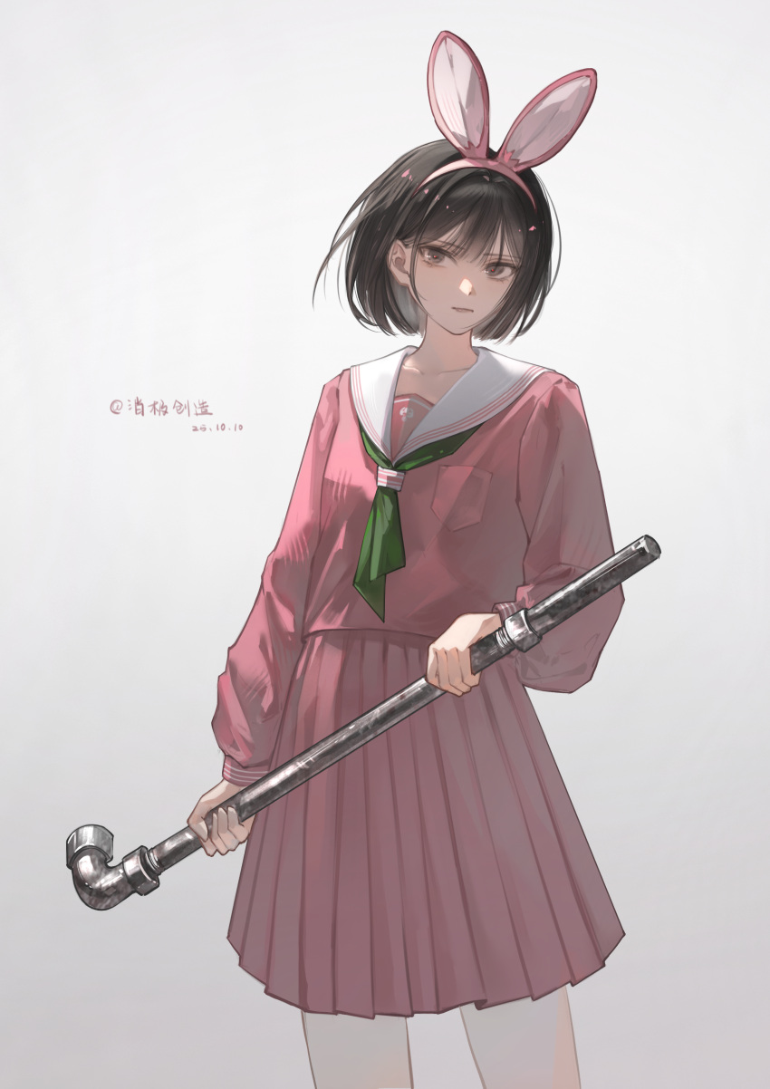 1girl, absurdres, animal_ear_hairband, animal_ears, artist_name, black_eyes, black_hair, chinese_commentary