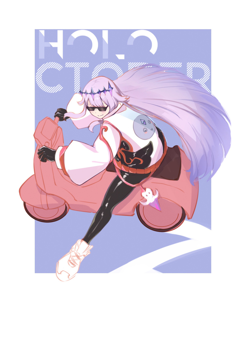 1girl, absurdres, gloves, grey_hair, highres, hololive, hololive_english, koseki_bijou, long_hair, long_sleeves, motor_vehicle, motorcycle, multicolored_hair, on_motorcycle, pebble_(koseki_bijou), purple_hair, sunglasses, tiara, vessel4rt, virtual_youtuber
