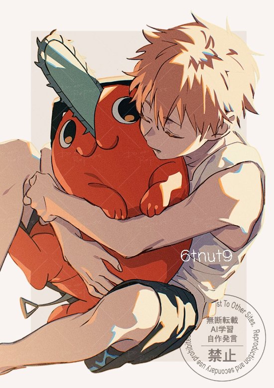 1boy, 6tnut9, :3, aged_down, artist_name, black_shorts, blonde_hair, chainsaw_man