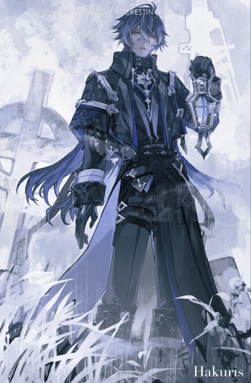 1boy, arm_up, artist_name, black_coat, black_gloves, black_pants, closed_mouth, coat