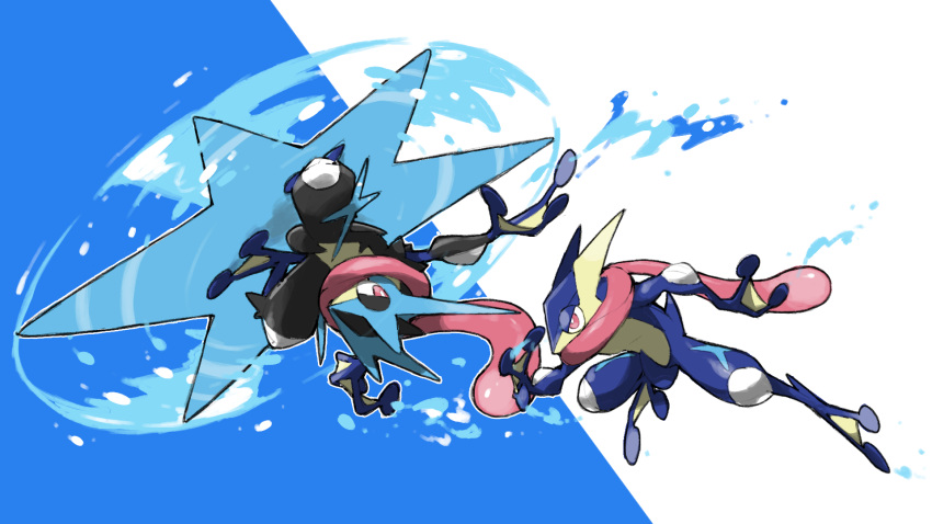 2others, blacknirrow, bright_pupils, commentary, greninja, highres, long_tongue, mega_greninja