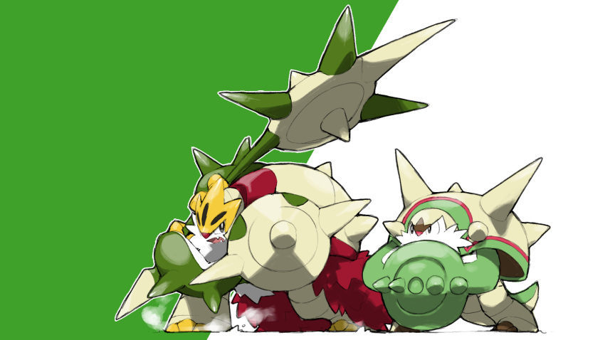 2others, black_eyes, blacknirrow, bright_pupils, chesnaught, commentary, fangs, highres