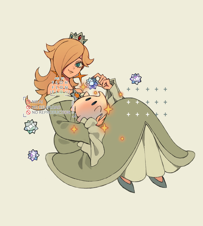 1girl, aqua_dress, bare_shoulders, blonde_hair, blue_eyes, brooch, crown, dress, earrings, flonflonflon, hair_over_one_eye, holding, jewelry, long_hair, long_sleeves, looking_at_viewer, luma_(mario), mini_crown, off-shoulder_dress, off_shoulder, rosalina, silver_crown, smile, star_(symbol), star_bit, star_brooch, star_earrings, super_mario_bros., super_mario_galaxy