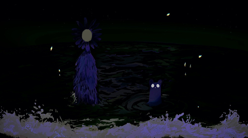 commentary_request, creature, dark, flower_head, highres, korean_commentary, looking_at_viewer, night