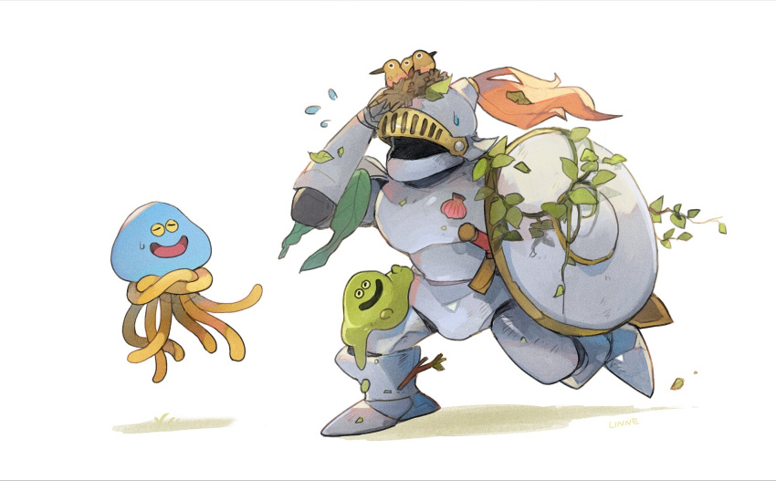 armor, bird, bubble_slime, commentary_request, crossed_arms, dragon_quest, floating_hair, flying_sweatdrops