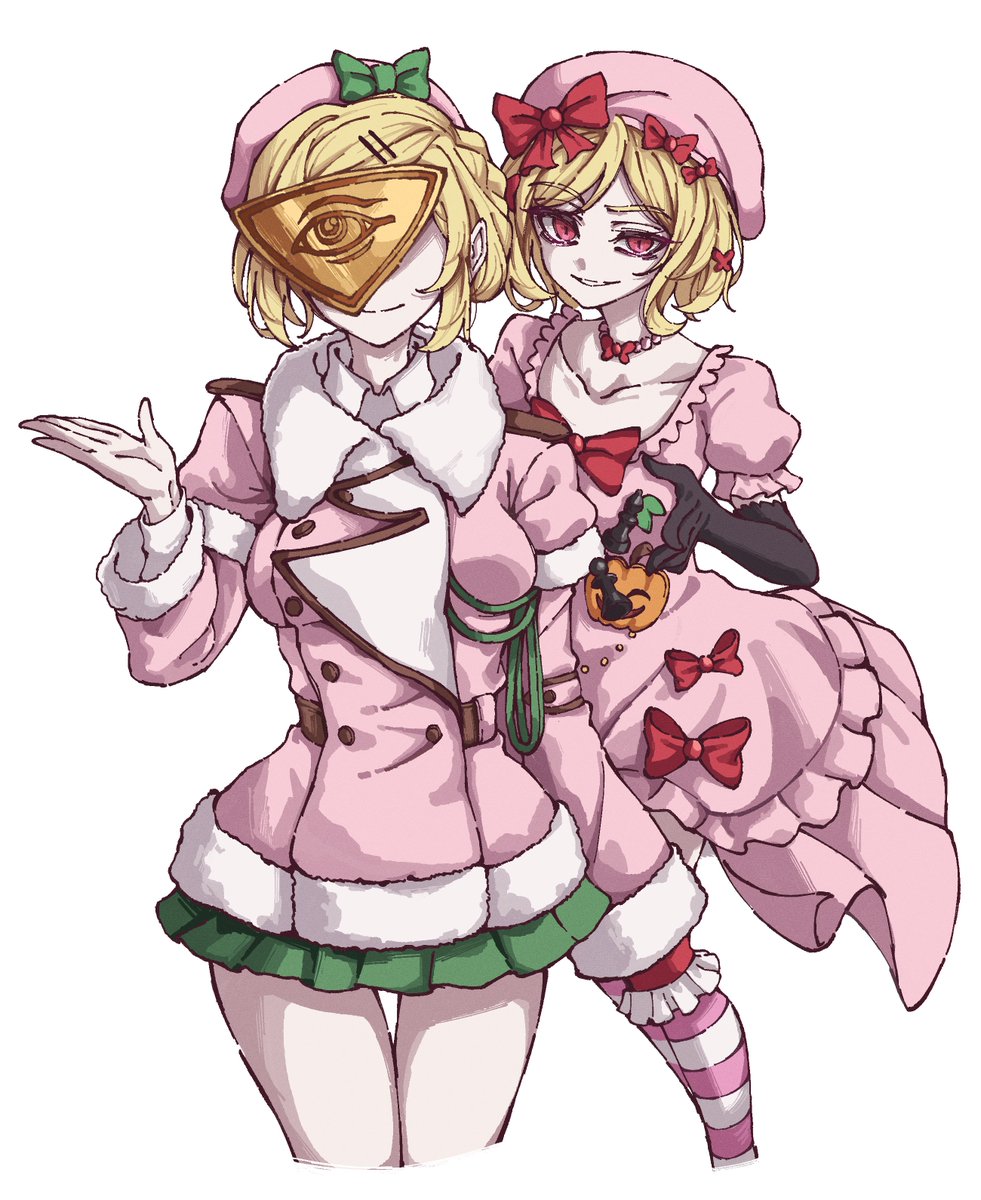 2girls, arm_up, blonde_hair, bow, breasts, ciconia_no_naku_koro_ni, coat, dress, fur-trimmed_coat, fur_trim, green_skirt, hashtag-only_commentary, hat, highres, jestress, lambdadelta, looking_at_viewer, medium_breasts, multiple_girls, petra_(jgc845601), pink_coat, pink_dress, pink_hat, pleated_skirt, red_bow, red_eyes, simple_background, skirt, smile, standing, umineko_no_naku_koro_ni, white_background