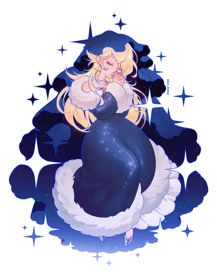1girl, blonde_hair, blue_dress, blue_eyes, closed_eyes, crown, dress, earrings, fur_trim, hair_over_one_eye, highres, jewelry, long_hair, long_sleeves, mong_(mong_milo), night_sky, own_hands_together, rosalina, solo, star_(symbol), star_earrings, stars, super_mario_bros., super_mario_galaxy