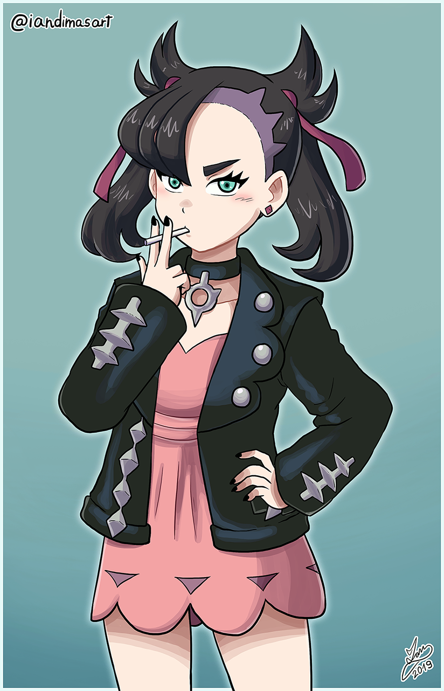 1girl, asymmetrical_bangs, between_fingers, black_choker, black_dress, black_hair, black_nails, choker