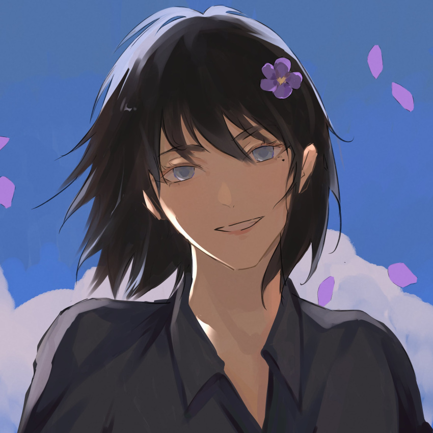 1girl, :d, black_hair, black_shirt, blue_eyes, bob_cut, collared_shirt, emosunfish