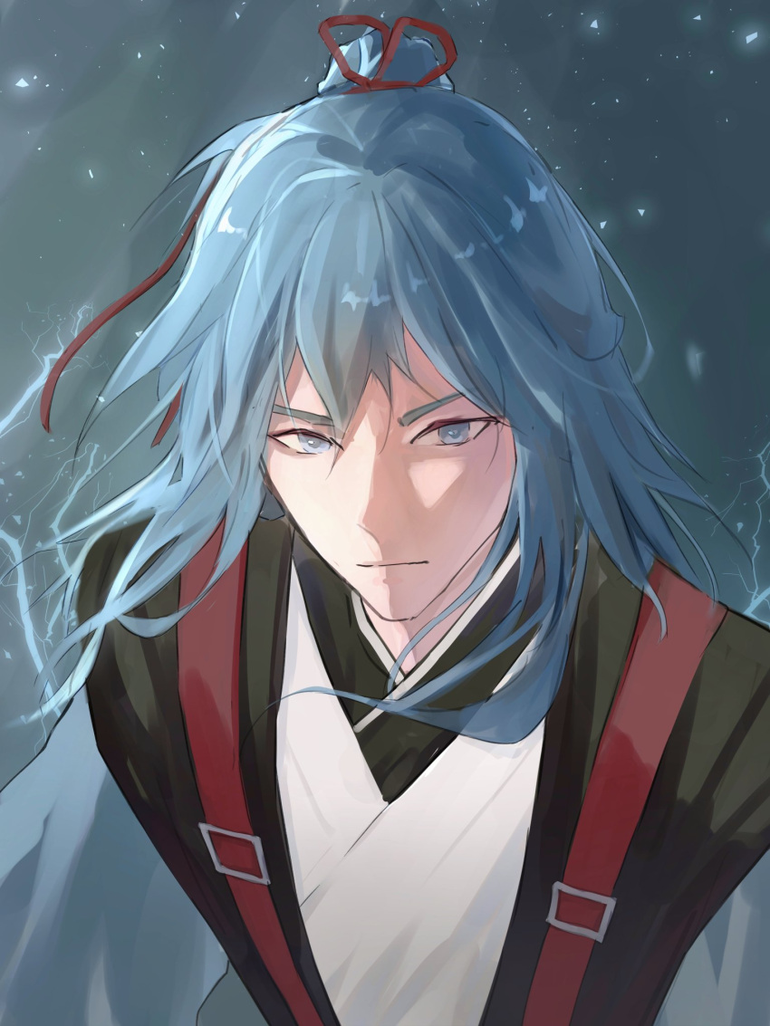 1boy, black_shirt, blue_eyes, blue_hair, blue_robe, emosunfish, from_above, hair_flowing_over