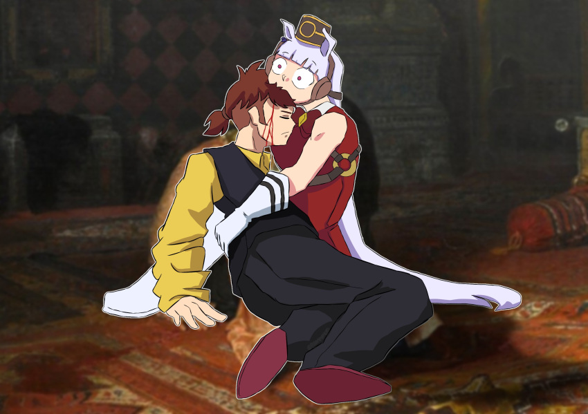 blood, blood_on_face, gold_ship_(red_strife)_(umamusume), gold_ship_(umamusume), highres, ivan_the_terrible_and_his_son_ivan, scared, trainer_(umamusume)