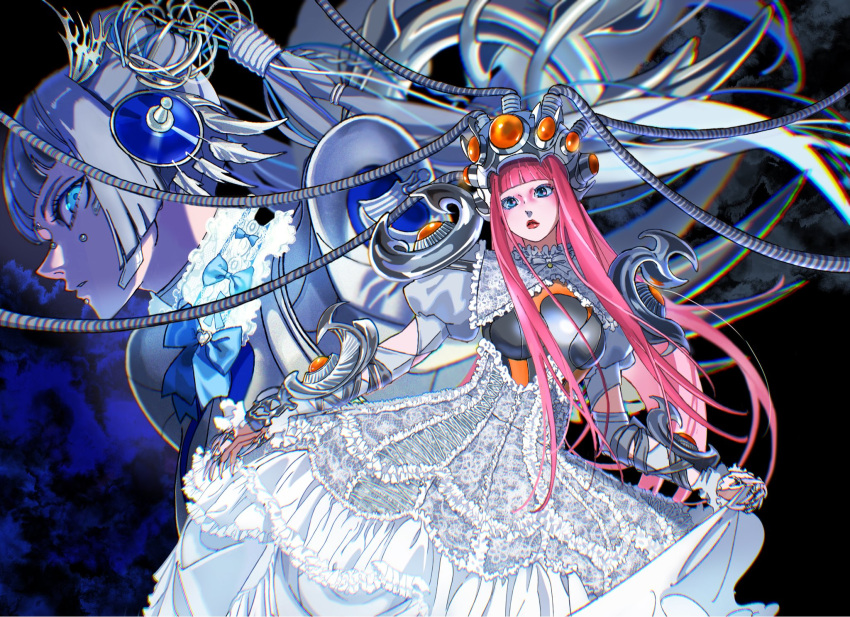 2girls, animification, blue_bow, blue_eyes, blunt_bangs, bow, cable, clothes_lift
