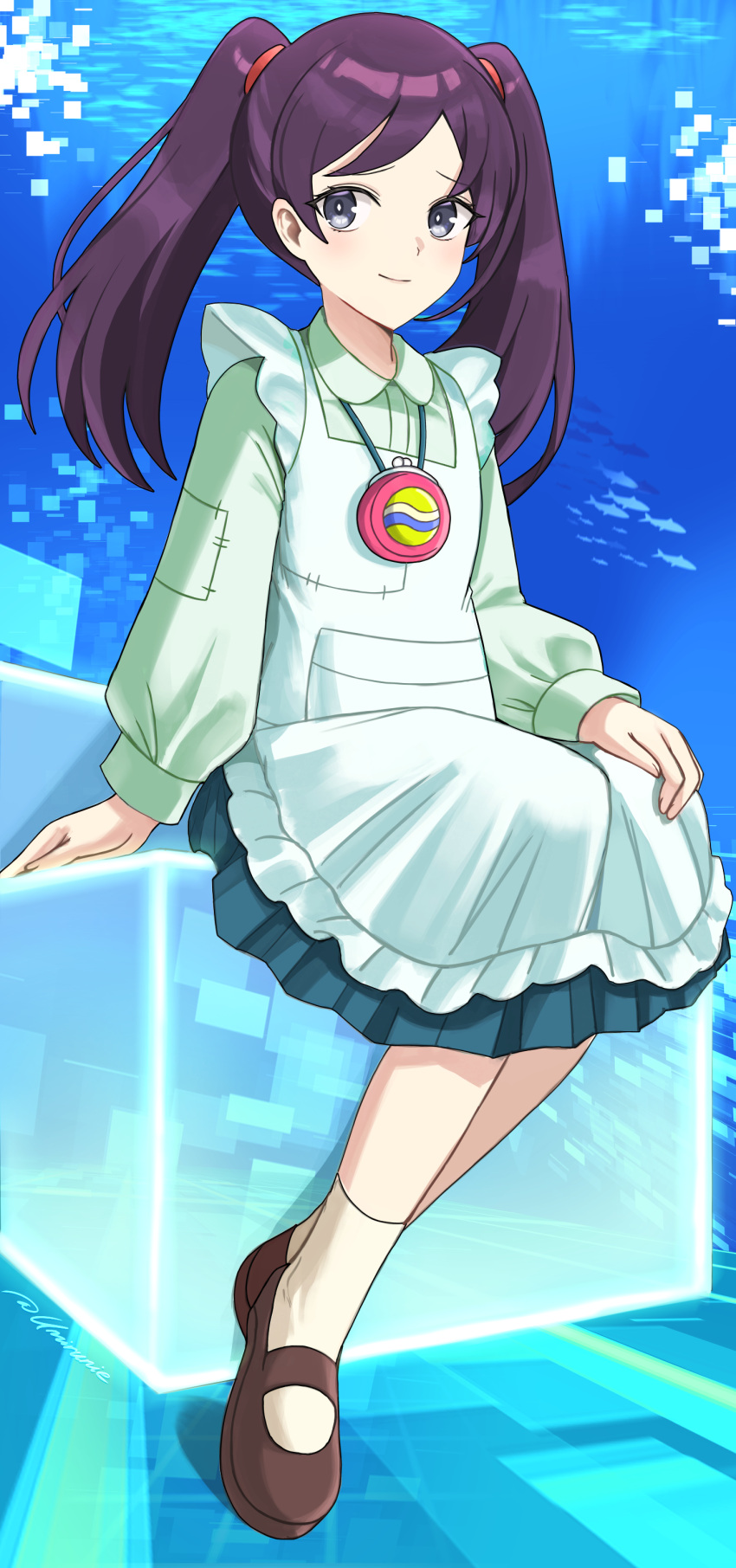 1girl, absurdres, apron, black_eyes, blue_background, blue_skirt, brown_shoes, closed_mouth