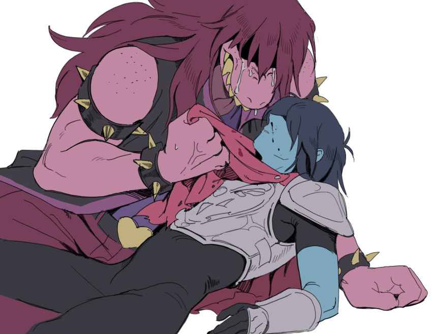 1girl, 1other, arm_freckles, armlet, armor, black_bodysuit, blood, blue_skin, body_freckles, bodysuit, bodysuit_under_clothes, bracelet, breastplate, cape, clothes_grab, colored_skin, crying, deltarune, freckles, highres, jewelry, kris_(dark_world)_(deltarune), kris_(deltarune), long_hair, lying, nosebleed, on_back, pauldrons, pink_skin, purple_hair, red_cape, shaded_face, sharp_teeth, short_hair, shoulder_armor, simple_background, spiked_armlet, spiked_bracelet, spikes, susie_(dark_world)_(deltarune), susie_(deltarune), tears, teeth, ttudolee, utdr_(toby_fox), white_background