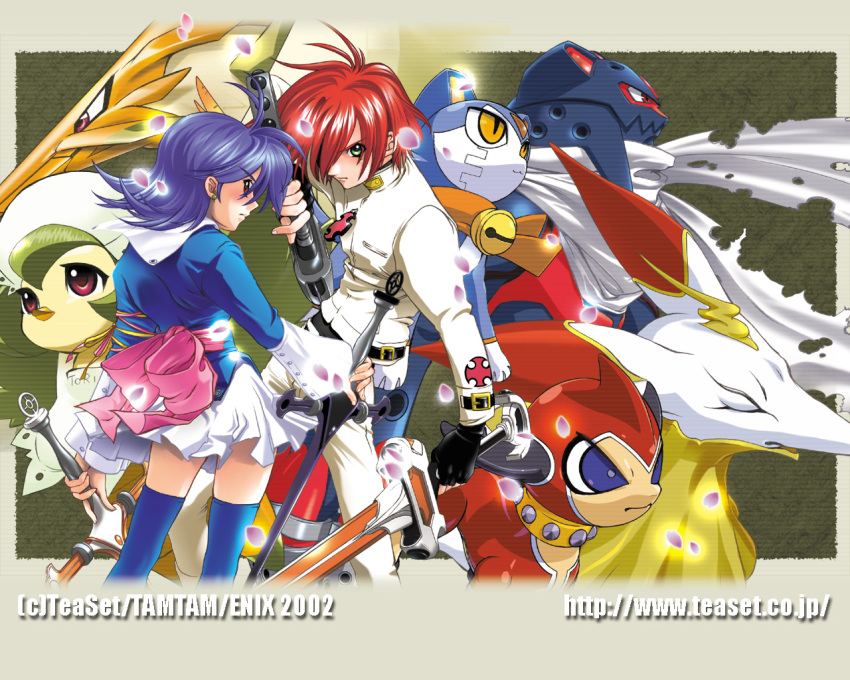 1boy, 1girl, animal_collar, animal_ears, apron, artist_request, back_bow, bad_id, bell, belt, belt_buckle, bird, black_belt, black_gloves, black_shirt, blue_eyes, blue_hair, blue_shirt, blue_thighhighs, bow, buckle, cat, closed_eyes, collar, copyright_notice, dual_wielding, earrings, fingerless_gloves, fox, fox_ears, gloves, green_eyes, hachigou_(oukoku_geist), hair_over_one_eye, high_collar, holding, holding_sword, holding_weapon, honda_kaguya, honda_masamune, humanoid_robot, hyaku_bijin, jewelry, jingle_bell, kokeko_(oukoku_geist), kokubyouou, looking_at_viewer, looking_back, maid_headdress, medium_hair, miniskirt, monster, neck_bell, nekomata_(oukoku_geist), non-humanoid_robot, official_art, official_wallpaper, orange_scarf, pants, pink_bow, rain_(oukoku_geist), red_eyes, red_hair, robot, samurai_evolution_oukoku_geist, scarf, shirt, short_hair, skirt, standing, studded_collar, sword, thigh-highs, torn_clothes, torn_scarf, weapon, web_address, white_apron, white_pants, white_scarf, white_shirt, white_skirt, wrist_belt, yellow_eyes