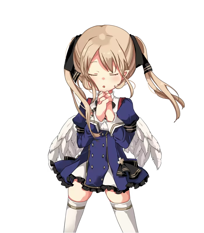 1girl, :o, angel, angel_wings, ariel_(oukoku_no_shugo_tenshi), arm_up, backpack, bag, black_bow, black_ribbon, blue_dress, blush, bow, bowtie, breasts, brown_hair, child, closed_eyes, cowboy_shot, dress, feathered_wings, frilled_dress, frills, game_cg, hair_ribbon, hand_on_own_hip, hikaru_(sgst), juliet_sleeves, large_variant_set, long_hair, long_sleeves, looking_at_viewer, open_mouth, oukoku_no_shugo_tenshi, own_hands_clasped, own_hands_together, pointy_ears, praying, puffy_long_sleeves, puffy_sleeves, red_bag, ribbon, sailor_collar, short_dress, sidelocks, simple_background, small_breasts, solo, standing, sweat, tachi-e, tareme, thigh-highs, transparent_background, twintails, v, variant_set, very_long_hair, white_sailor_collar, white_thighhighs, white_wings, wings