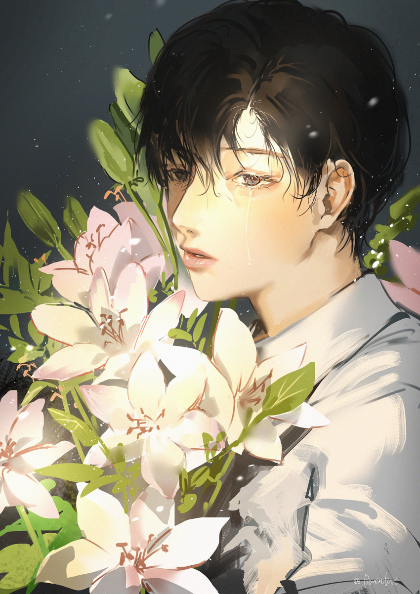 1boy, black_eyes, black_hair, bouquet, bud, collared_shirt, crying, crying_with_eyes_open