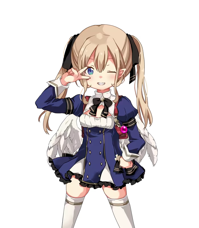 1girl, angel, angel_wings, ariel_(oukoku_no_shugo_tenshi), arm_up, backpack, bag, black_bow, black_ribbon, blue_dress, blue_eyes, blush, bow, bowtie, breasts, brown_hair, child, clenched_hand, clenched_teeth, cowboy_shot, dress, feathered_wings, frilled_dress, frills, game_cg, hair_between_eyes, hair_ribbon, hand_on_own_hip, hikaru_(sgst), juliet_sleeves, large_variant_set, long_hair, long_sleeves, looking_at_viewer, one_eye_closed, open_mouth, oukoku_no_shugo_tenshi, pointy_ears, puffy_long_sleeves, puffy_sleeves, red_bag, ribbon, sailor_collar, short_dress, sidelocks, simple_background, small_breasts, smile, solo, standing, sweat, tachi-e, tareme, teeth, thigh-highs, transparent_background, twintails, v, variant_set, very_long_hair, white_sailor_collar, white_thighhighs, white_wings, wings