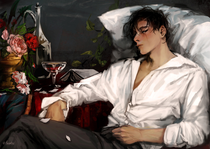 1boy, black_eyes, black_hair, book, bottle, bouquet, chaise_longue, chalice