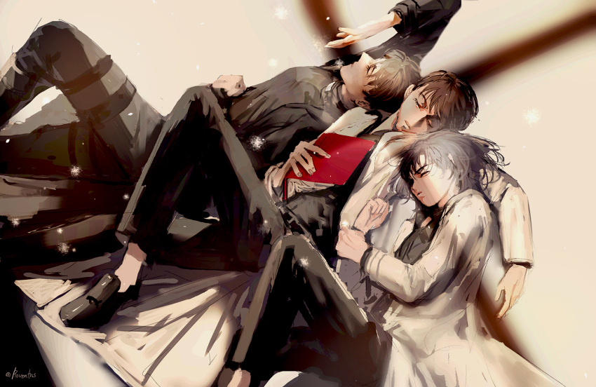 1girl, 2boys, arm_around_neck, arm_up, black_coat, black_hair, black_shirt, book
