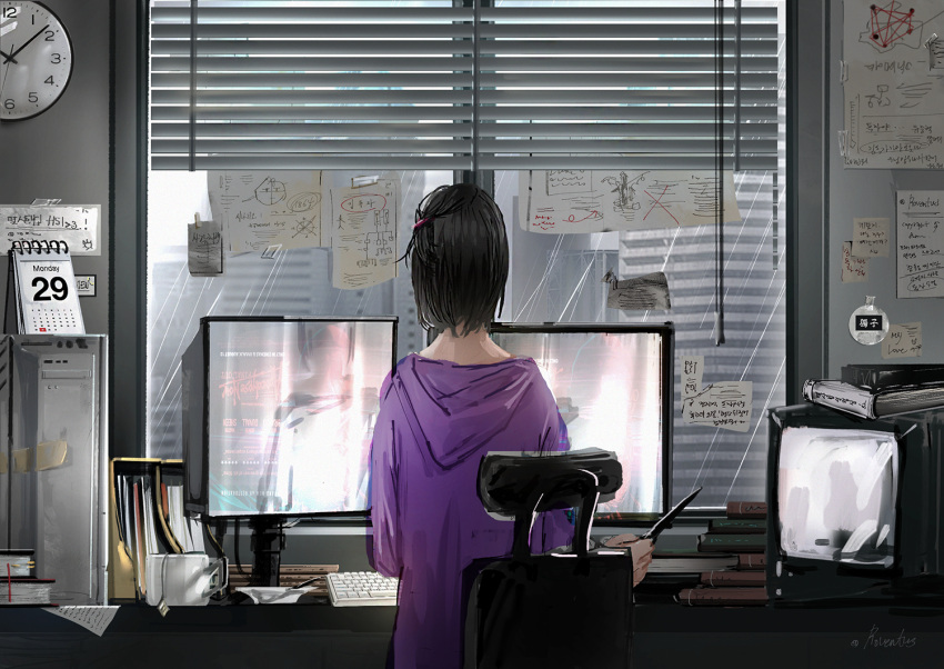 1girl, bob_cut, book, book_stack, calendar_(object), chair, chinese_text, city