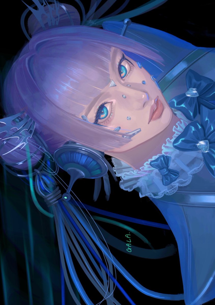 1girl, black_background, blue_bow, blue_eyes, bow, cable_hair, double_bun, expressionless