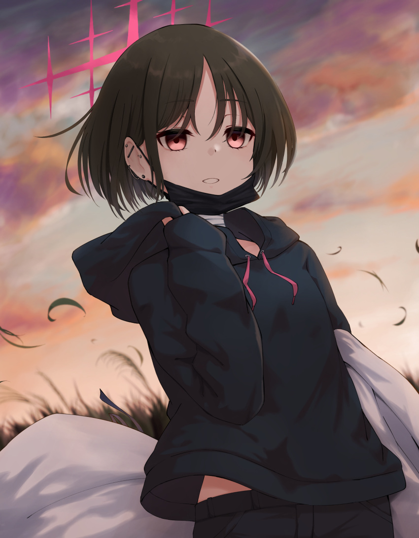 1girl, absurdres, bandaged_neck, bandages, barbell_piercing, black_hair, black_hoodie, black_mask