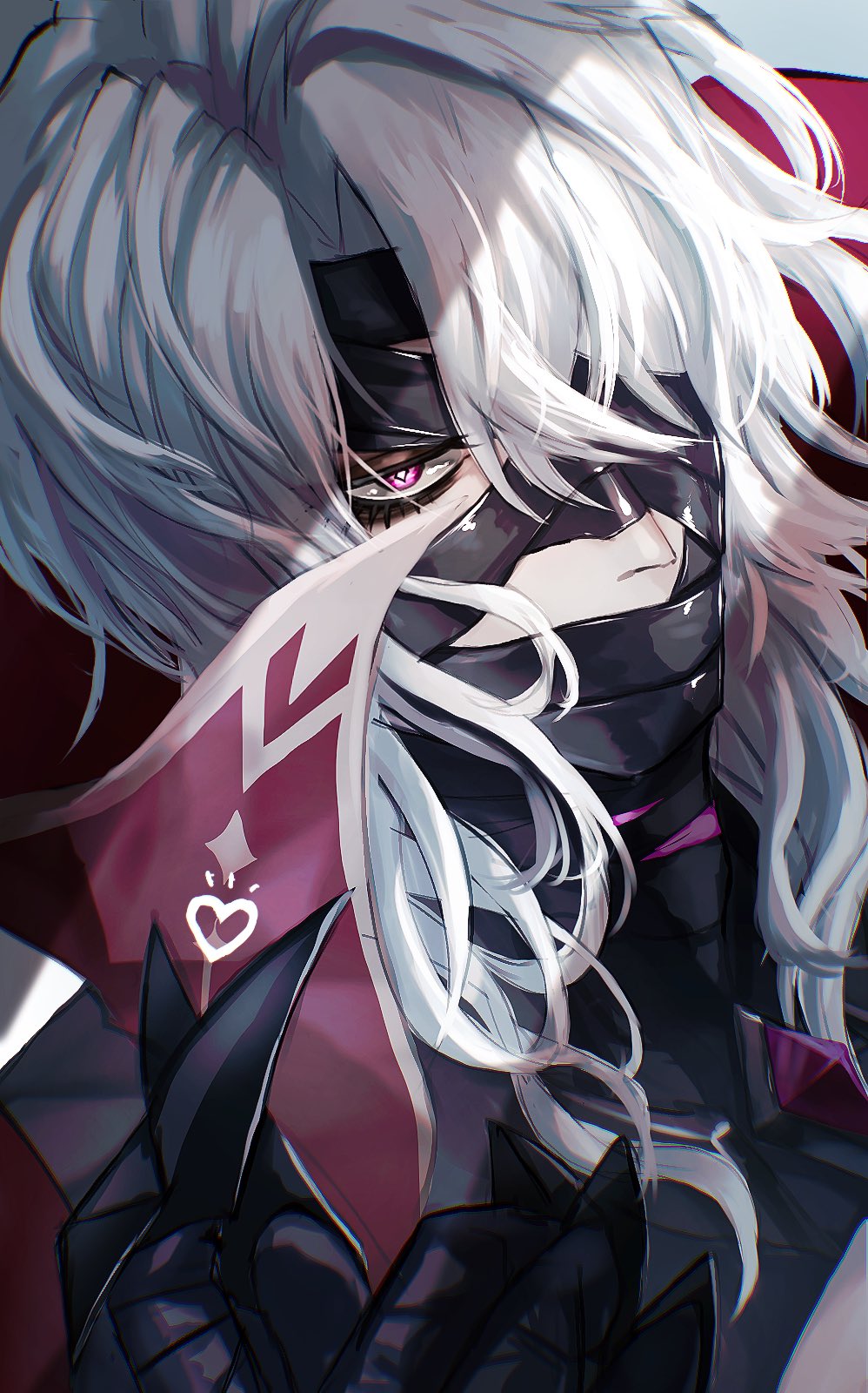 1boy, asgx_7135, bandage_over_one_eye, bandages, bandages_over_mouth, black_bandages, finger_heart, genshin_impact