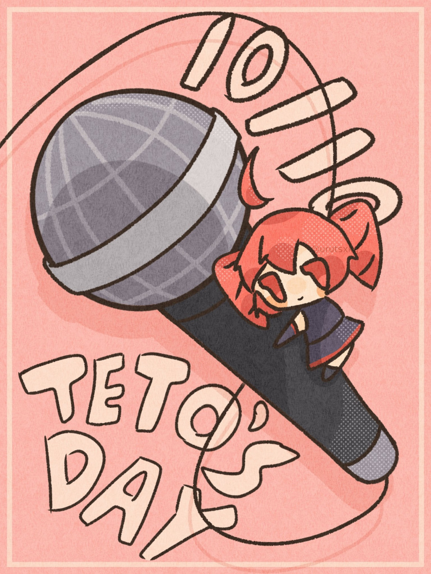 1girl, ahoge, chibi, chibi_only, detached_ahoge, drill_hair, highres, kasane_teto, kasane_teto_(utau), microphone, mini_person, minigirl, miniskirt, red_eyes, red_hair, shirt, skirt, sleeveless, sleeveless_shirt, solo, twin_drills, urutsxkg, utau