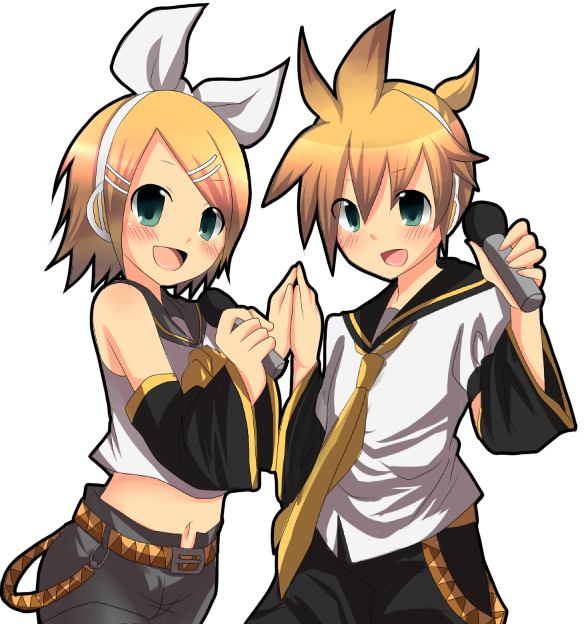 blonde_hair, brother_and_sister, green_eyes, hair_ribbon, haneten_kagatsu, kagamine_len, kagamine_rin, microphone