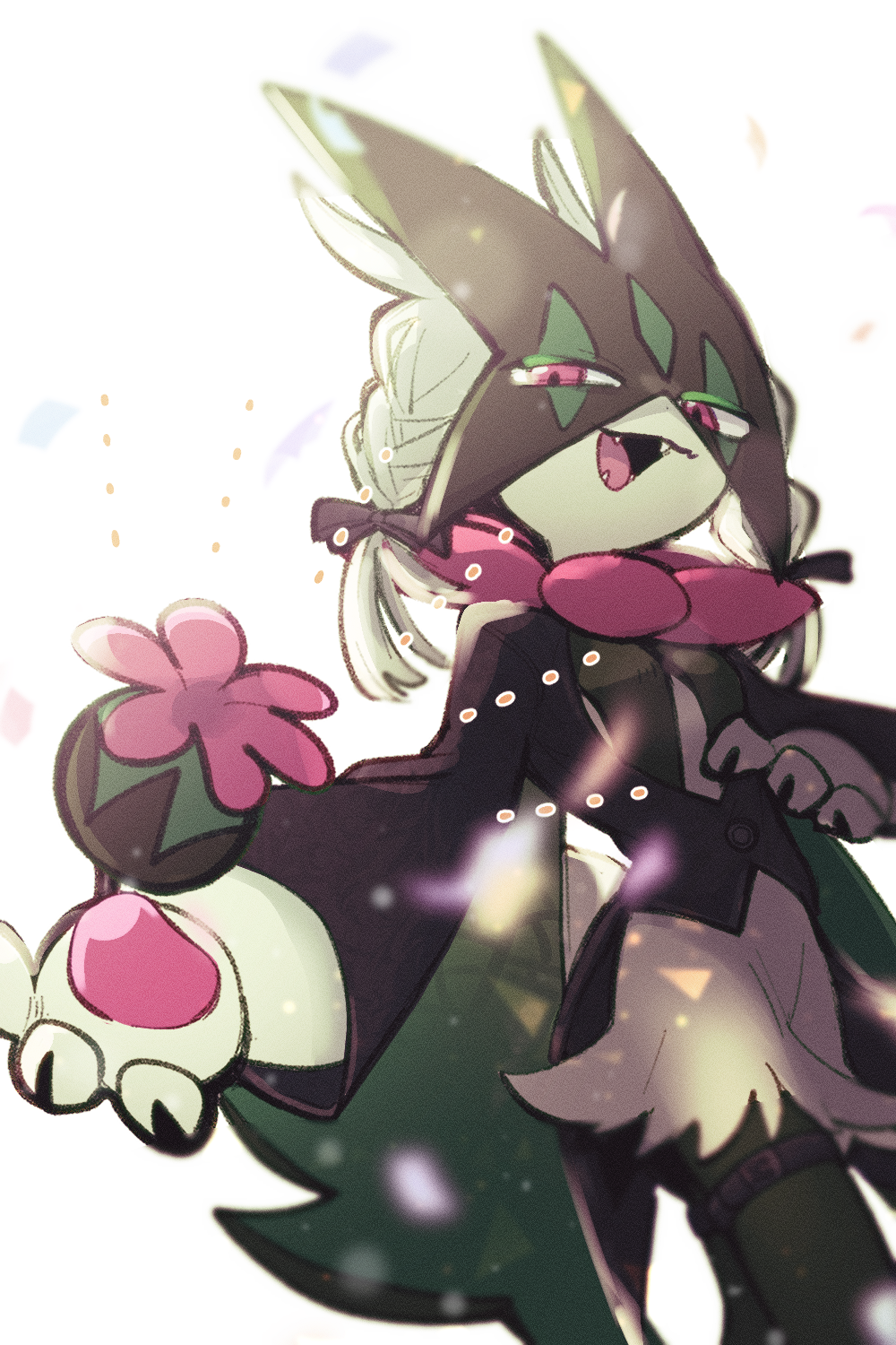 1other, :d, animal_hands, black_bow, black_vest, bow, braid, clothed_pokemon