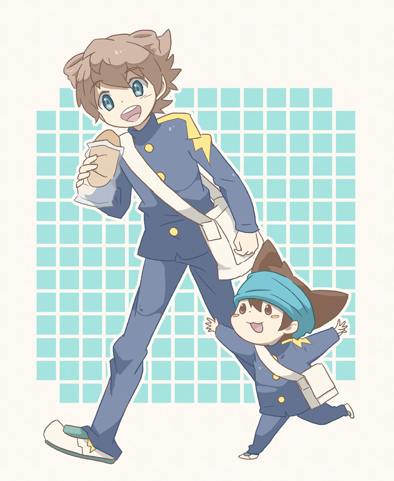 bad_id, bag, blue_eyes, bread, brown_eyes, brown_hair, eating, food, gakuran, headband, hinikusyoku, inazuma_eleven, inazuma_eleven_(series), inazuma_eleven_go, matsukaze_tenma, multiple_boys, nishizono_shinsuke, open_mouth, school_uniform, short_hair