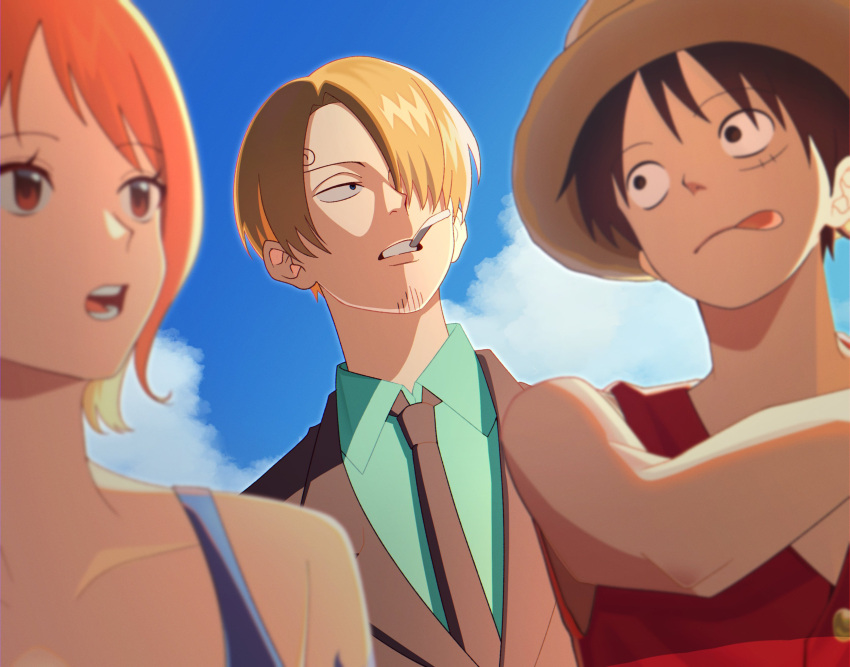 1girl, 2boys, absurdres, bare_shoulders, black_hair, black_jacket, black_necktie, blonde_hair, blue_skirt, blue_sky, blurry, blurry_foreground, brown_eyes, cigarette, clouds, cloudy_sky, collarbone, collared_shirt, hair_over_one_eye, hat, highres, jacket, monkey_d._luffy, mouth_hold, multiple_boys, nami_(one_piece), necktie, ntuki_oo3, one_piece, open_mouth, orange_hair, outdoors, red_vest, sanji_(one_piece), scar, scar_on_cheek, scar_on_face, shirt, short_hair, skirt, sky, straw_hat, suit_jacket, teeth_hold, tongue, tongue_out, upper_body, vest