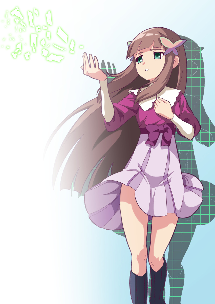 1girl, absurdres, blunt_bangs, bow, brown_hair, butterfly_hair_ornament, green_eyes, hair_ornament