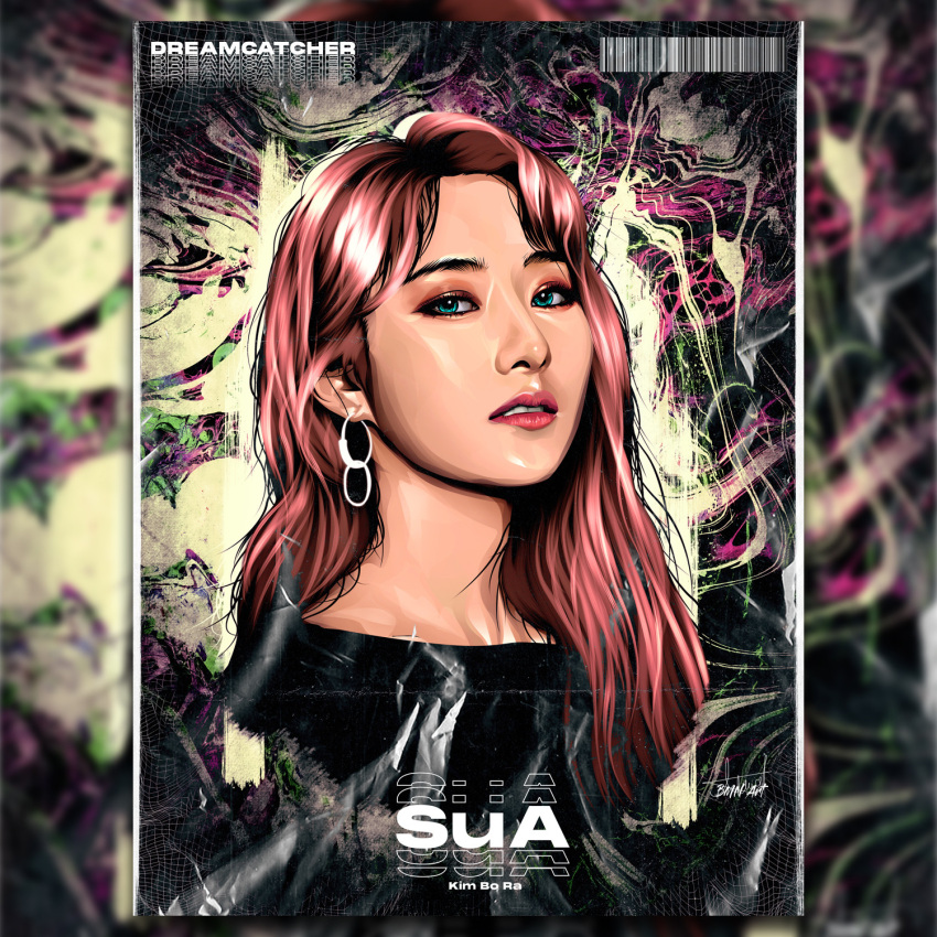 1girl, barcode, benzon_ninal, character_name, commentary, copyright_name, dreamcatcher_(group), earrings