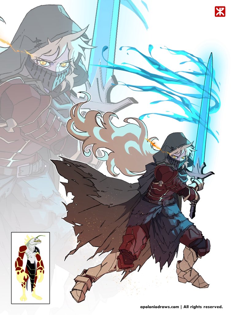 1girl, apoloniodraws, armor, ben_10, blonde_hair, blue_sword, cloak, fire