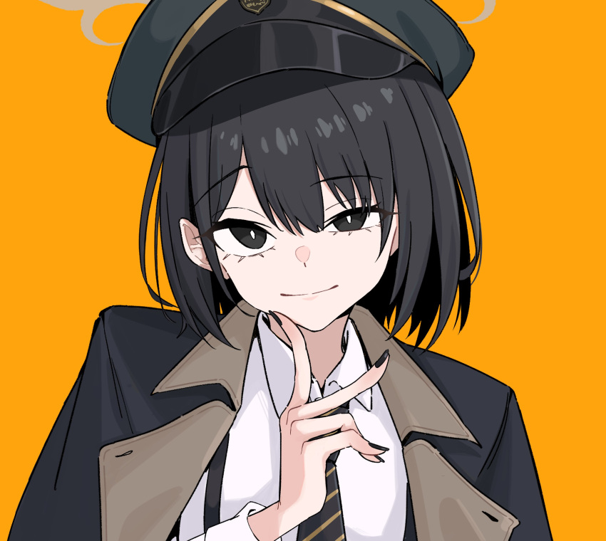 1girl, black_eyes, black_hair, black_jacket, black_necktie, blue_archive, brown_halo, diagonal-striped_clothes