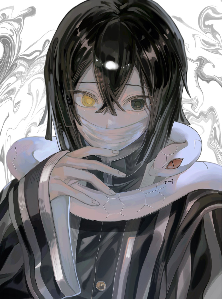 1017gomo9, 1boy, black_jacket, blue_eyes, covered_mouth, demon_slayer_uniform, fingernails, gold_buttons, hair_between_eyes, hand_up, haori, heterochromia, high_collar, highres, iguro_obanai, jacket, japanese_clothes, kimetsu_no_yaiba, male_focus, medium_hair, snake, solo, striped_haori, upper_body, white_background, yellow_eyes