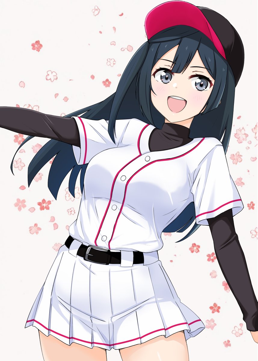 1girl, :d, baseball_cap, belt, black_belt, black_hair, black_hat, breasts