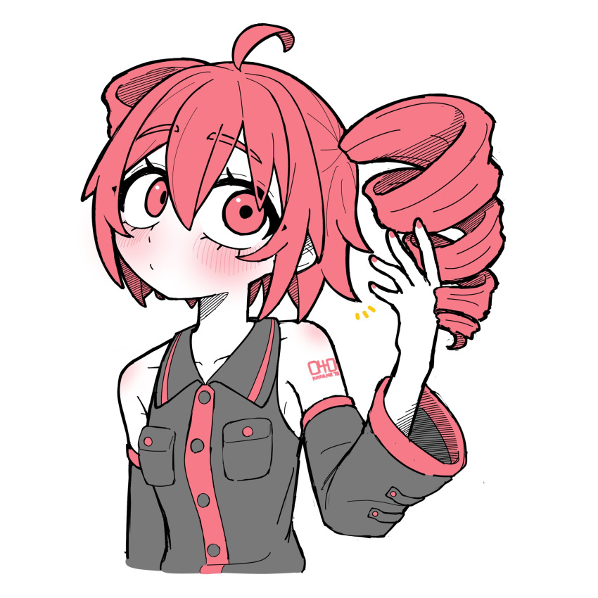 1girl, ahoge, armpit_crease, bare_shoulders, black_shirt, blush, closed_mouth, collared_shirt, cropped_torso, detached_sleeves, drill_hair, gomashio_lettuce, hand_in_own_hair, hand_up, highres, kasane_teto, kasane_teto_(utau), looking_to_the_side, notice_lines, red_eyes, red_hair, red_nails, shirt, simple_background, sleeveless, sleeveless_shirt, solo, twin_drills, twintails, utau, white_background
