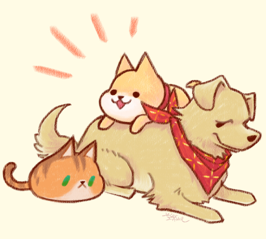 artist_name, bandana, brown_background, cat, claus_(omori), dog, hector_(omori), laser-lance