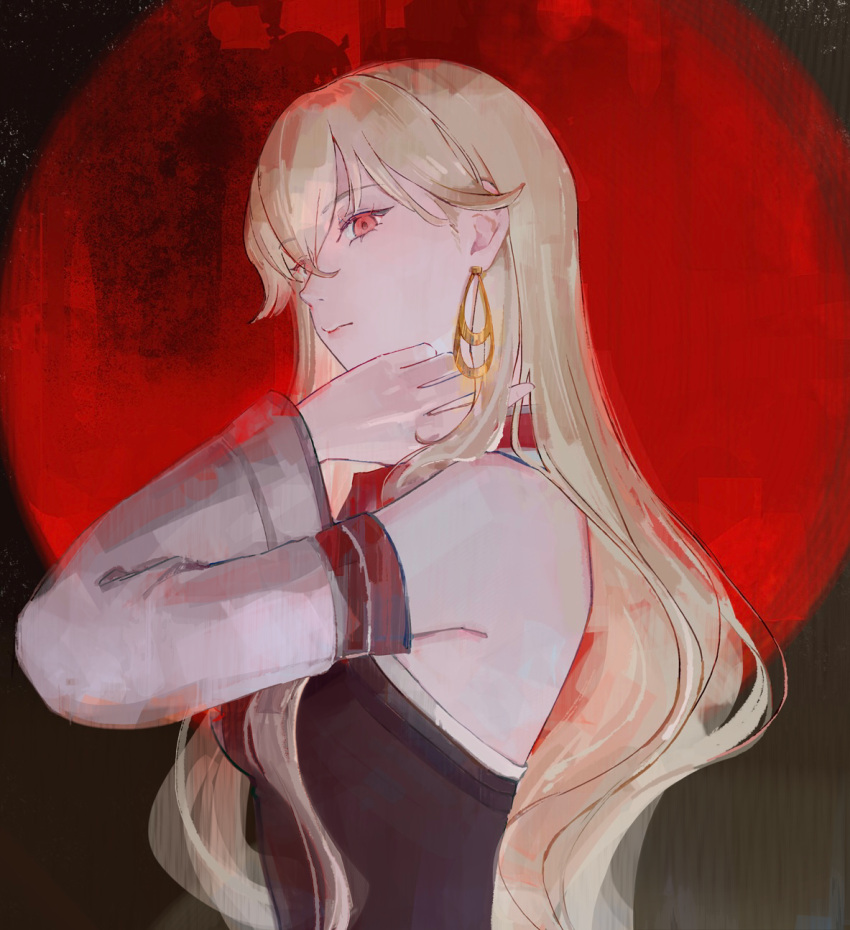 1girl, bare_shoulders, blonde_hair, closed_mouth, commission, detached_sleeves, earrings, eiyuu_densetsu