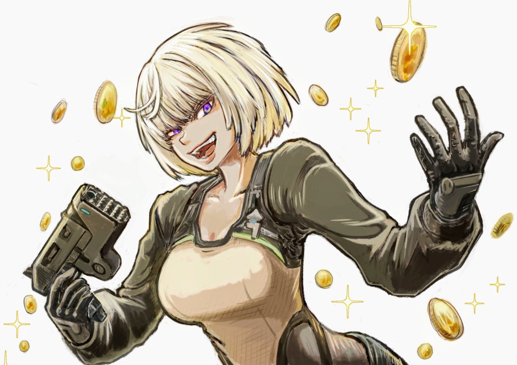 1girl, blonde_hair, breasts, coin, cropped_torso, finger_on_trigger, gloves, gold_coin